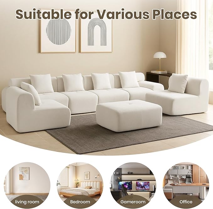 122 Modular Sectional Sofa Convertible L-Shape Cloud Couch Corduroy Upholstered Boneless Sofa Set with Deep Seat &amp Movable Ottoman No Assembly Needed for Living Room Bedroom Home Office Bei