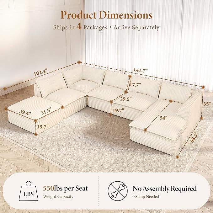 Vesgantti 141.7 Oversized Sectional Boneless Couch Modern 7 Seater Modular Sofa with Chaise &amp Ottoman Deep Seat Plush Corduroy Cloud Couches for Living Room No Assembly Required Beige