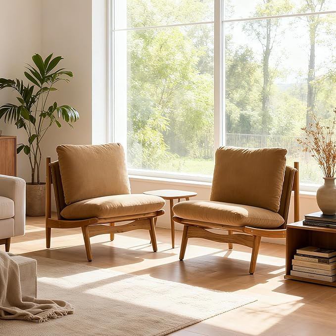 Christopher Knight Home Vista Low Profile Accent Chair Set of 2 with Removable Cushion Solid Wood Armless Lounge Chair Fabric Comfy Reading Chair for Bedroom Mocha+Natural