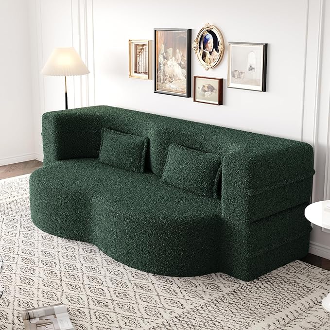 Newfun 78 Convertible Sofa Bed 2 in 1 Folding Couch Bed Futon Sofa Bed with Two Pillows Loveseat Sofa for Living Room Bedroom Lounge Compressed Modern Sofa No Assembly Required (Green)