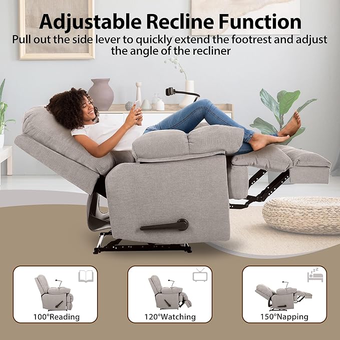 Oversized Recliner Chairs with Phone Holder Large Recliner Soft Fabric Overstuffed Big Man Recliner for Heavy Duty Adults for Living Room Bedroom Nursery RV Brown