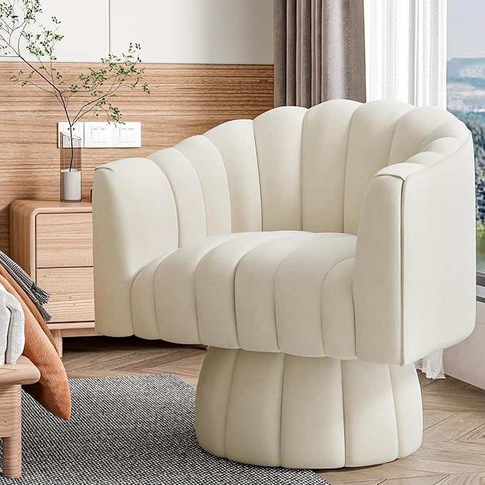 Accent Chair Mid Century 360 Degree Swivel ChairModern Lounge Sofa Round Barrel Chair with Wide UpholsteredFluffy Velvet Fabric Chairs for Home Sofa Living Room/Bedroom/Waiting Room (Beige)
