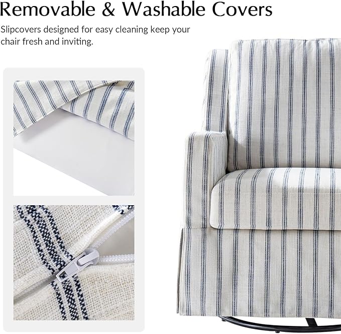 HULALA HOME Swivel Rocker Chair Farmhouse Swivel Rocking Accent Chair with Washable Slipcover Striped Fabric Barrel Armchair with Down Filled Cushions Navy