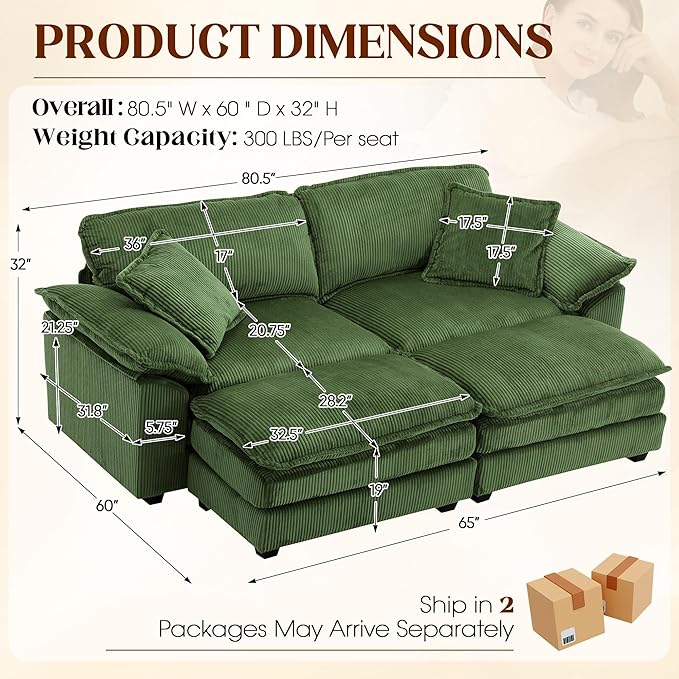 80.5'' Modular Sectional Sofa Cloud Couch Comfy Corduroy Double-Upholstered Sleeper Sofa Loveseat Sofa with Moveable Ottoman 2 Pillows and Detachable Armrest for Living Room Green