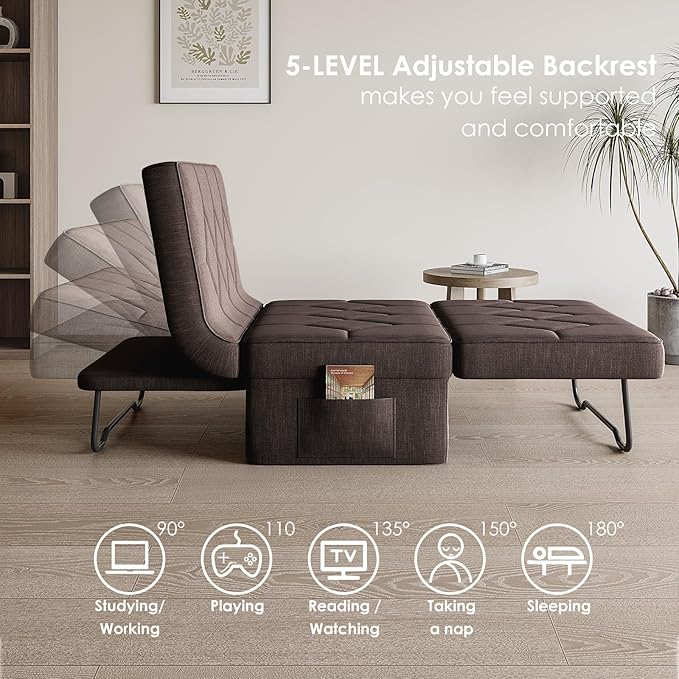 Convertible Sofa Bed with 5-Level Adjustable Backrest 74 D x 28 W 4-in-1 Folding Ottoman Sleeper Chair Bed Modern Single Futon Couch for Living Room Apartment Dorm Small Space Dark Brown