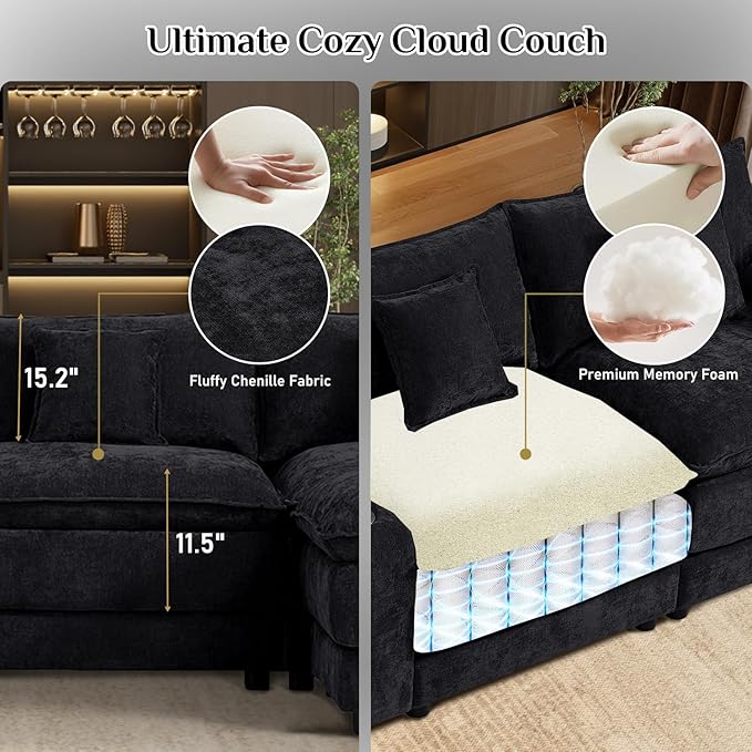 164 Oversized Modular Sectional Sofa Modern U Shaped Cloud Couch 6 Seat Sofa Set for Living Room Comfy Chenille Deep Seat with Storage Central Console Movable Ottomans Cup Holders USB Ports Black
