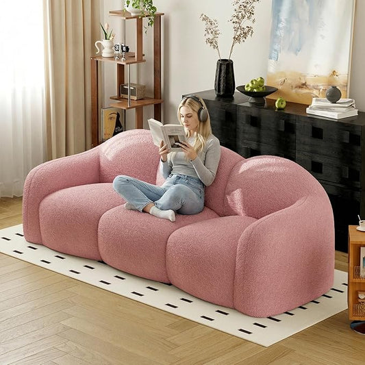 90.55 Inches 3-Seater Sofa Couch Modern Teddy Plush Boneless Sofa in a Box Soft Couches for Living Room Apartment No Assembly for Small Spaces Pink