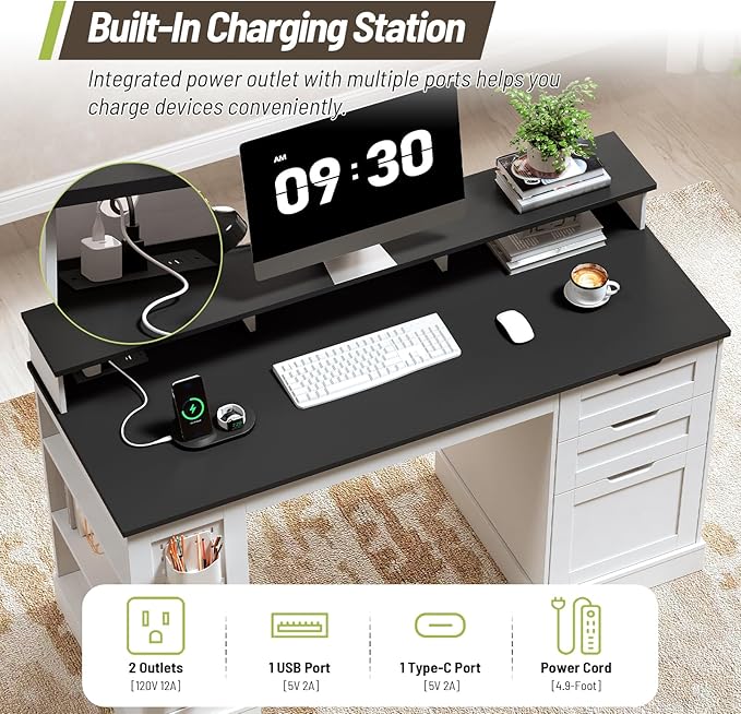55-Inch Farmhouse Executive Desk with 2 Drawers and File Cabinet Computer Desk with 3-Tier Storage Shelves Home Office Desk with Charging Station Pegboard and Monitor Shelf White and Black
