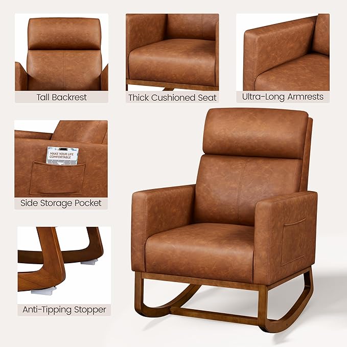 Yaheetech Leather Living Room Chair Rocking Accent Chair Modern Nursery Glider Chair with High Back and Side Pocket Accent Rocker Armchair with Wood Legs for Living Room Bedroom Study Brown