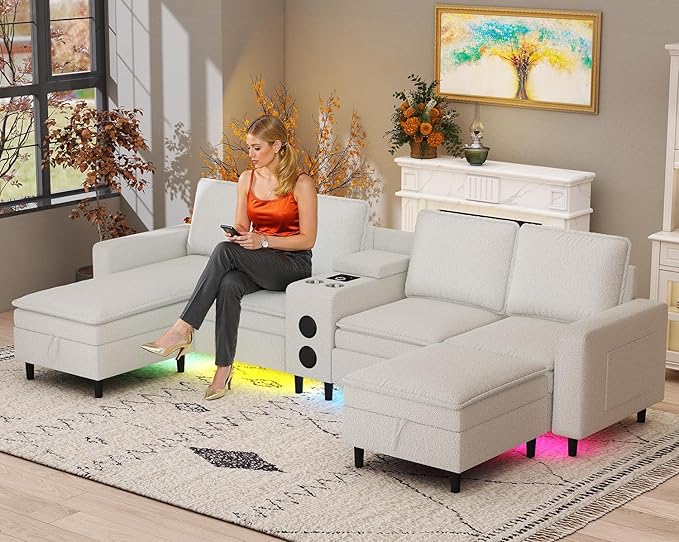 Sectional Couches for Living Room 6 Seat Sectional Sofa with Bluetooth Speaker/RGB Light/Charging Station Teddy Fleece U Shaped Couch with Storage Ottoman and Reversible Chaise Lounge - White