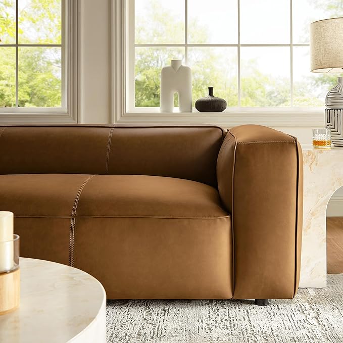 Modway Auren Vegan Leather Sofa in Camel - Faux Leather 3 Seater Couch - 88 Inch Comfy Modern PU Leather Sofa - Oversized Mid Century Modern Couch for Living Room Apartment Loft