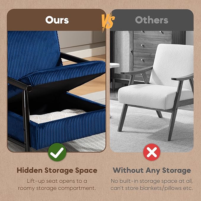 Yoglad Accent Chair with Storage Corduroy Fabric Reading Chair with Wood Frame Mid Century Modern Storage Armchair for Living Room Bedroom Apartment(Antique Blue)