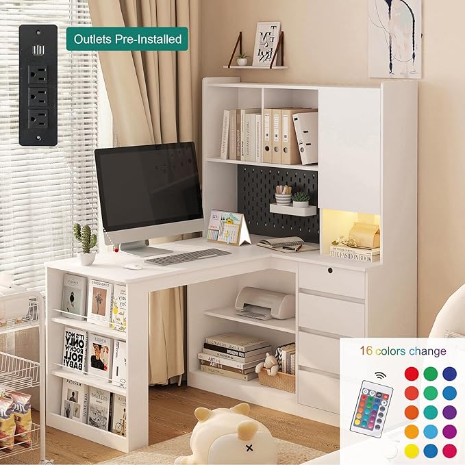 Anwick L Shaped Desk with Hutch Corner Computer Desk with Charging Station &amp Bookshelf &amp File Drawer Standing L Shape Desks for Home Office Bedroom Gaming Room Study Room (White-2)