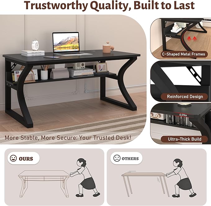 Computer Desk 47 x 23.6 Inch Home Office Desk Large Modern Computer Desks with Storage Shelf Metal Frame Work Study Writing Office Desk with Cable Hole Wide Desk for PC &amp Monitors (Black 47)