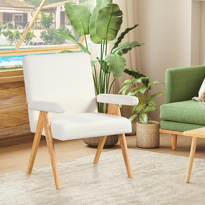 GOFLAME Mid-Century Modern Accent Chair Set of 2 Sherpa Fabric Armchair with Solid Rubberwood Frame Padded Seat &amp Armrests Upholstered Reading Chair Leisure Chair for Living Room Bedroom