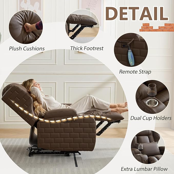 Wall Hugger Power Recliner Chair with Heat and Massage Overstuffed Reclining Sofa Chair for Living Room Home Theater RV with 3-Side LED Lights/Cup Holders/USB &amp Type C Port (Coffee)