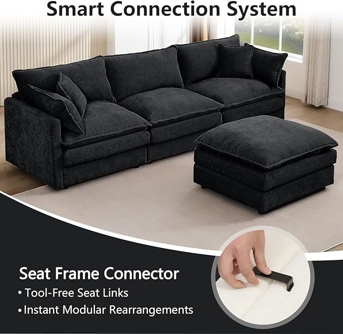 GNIXUU 102 Modular Sectional Sofa L Shaped Cloud Couch with Movable Ottoman &amp 4 Pillows Deep Seat Chenille 4 Seater Sectional Couches for Living Room Apartment (Black)