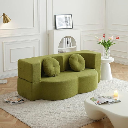 KEIKI 2-in-1 Folding Sofa Bed with Pillow Queen Sleeper Sofa Floor &amp Futon Loveseat Couch Foam Folding Mattress for Living Room Guest Use Office Apartment No Assembly Required Green