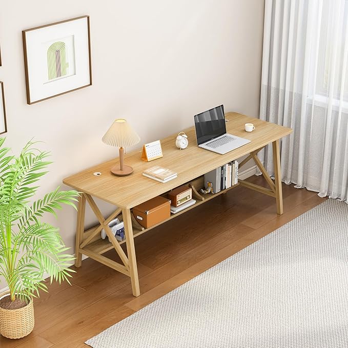 Extra Long Desk with Bookshelf - Wooden Home Office Work Study Table Writing Computer Workstation with Storage Shelf in Oak 47 Wx16 Dx30 H