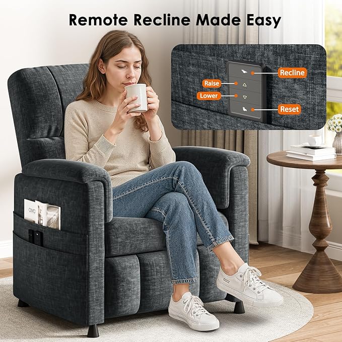 Pipishell Power Recliner Chair for AdultsElectric Recliner with Remote Adjustable Recline/Footrest Chenille FabricThick Seat Cushion Small Recliner for Living Room Home Theater Black