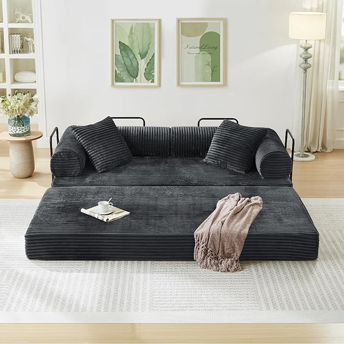 Modular Couch Bed Convertible Folding Plush Corduroy Comfy Floor Memory Foam Compression Loveseat Sleeper Sofa Couch King Size Bed for Guest Room Living Room Bedroom No Assembly Required Dark Grey