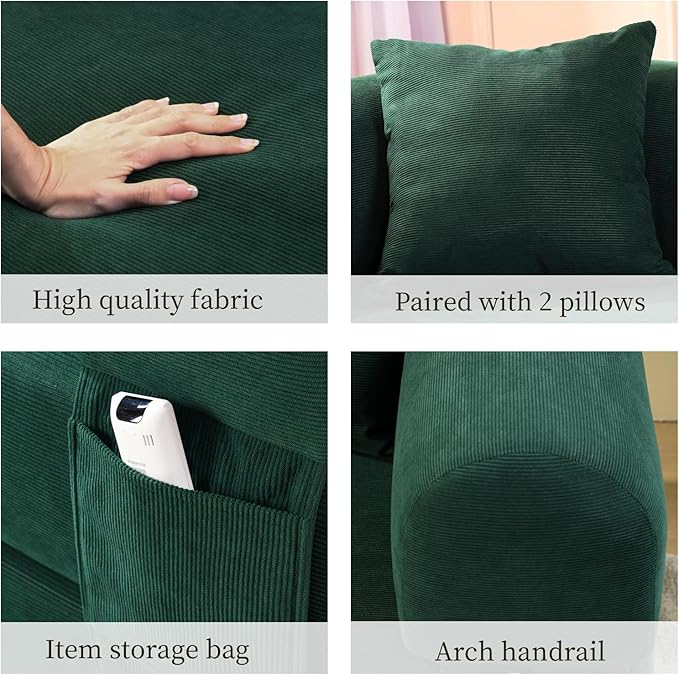 KBQ 3-Seat Convertible Sleeper Sofa Bed with 2 Pillows Corduroy Folding Mattress Couch Floor Sofa Lounge Couch for Living Room Bedroom Lounge Studio Deep Green