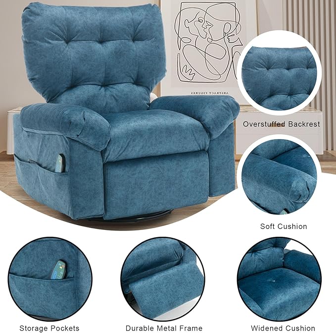 Rocker Recliner Chair for Adults Soft Lazy Boy Recliner Chair with Heat&amp Adjustable Backrest Footrest Oversized Massage Recliner Chair with Swivel and Side Pocket for Living Room Bedroom (Blue)