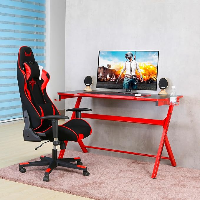 JJS 48 Home Office Gaming Computer Desk R Shaped Large Gamer Workstation PC Table with Cup Holder Headphone Hook Free Mouse pad Black/Red