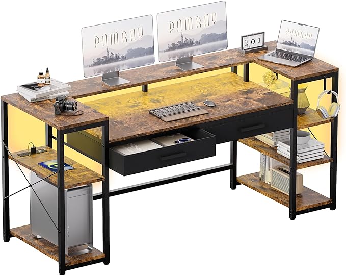 Pamray 58 Inch Computer Desk with Monitor Stand and Shelves Gaming Desk with LED Lights &amp Power Outlets PC Vanity Table with 2 Drawers for Home Office Vintage