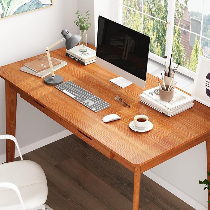 FUFU&ampGAGA 47” Office Desk Rectangular Computer Desk with 2 Drawers Writing Table for Reading Crafting Home Office Study Room Brown Walnut 47.2”W x 21.7”D x 29.5”H