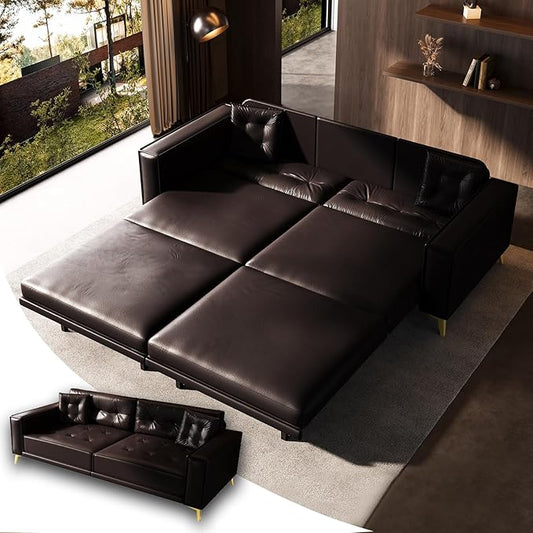 92.1'' King Pull Out Sofa Bed Convertible Futon Couch 3-in-1 Faux Leather Sleeper Sofa with Tufted Back 2 Pillows Gold Legs Deep Folding Loveseat for Living Room Apartment Dark Brown
