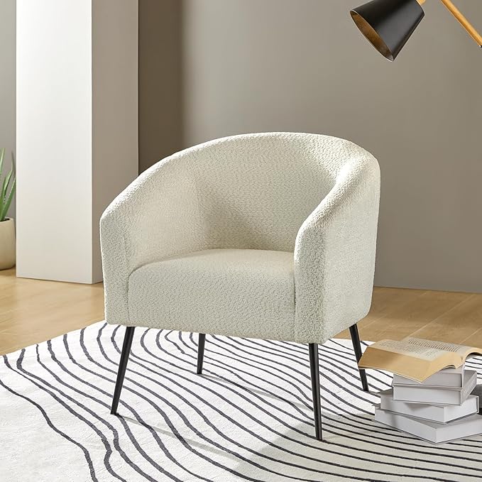 HULALA HOME Boucle Accent Chair Cozy Accent Barrel Chair with Metal Legs Upholstered Lounge Chair Single Sofa Armchair for Bedroom Living Room Reception Room Office Ivory