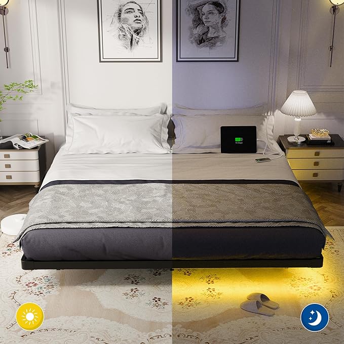OLEVS King Size Floating Bed Frame Metal Platform with LED Light and Charging Station No Box Spring Needed Noise-Free Easy Assembly