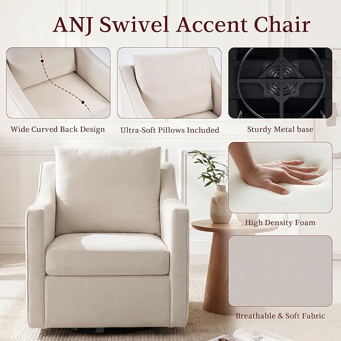 ANJ 360° Swivel Accent Chair Large Comfy Fabric Reading Chair with Wide Curved Back and Soft Pillows Mid Century Modern Chair for Living Room and Bedroom Beige