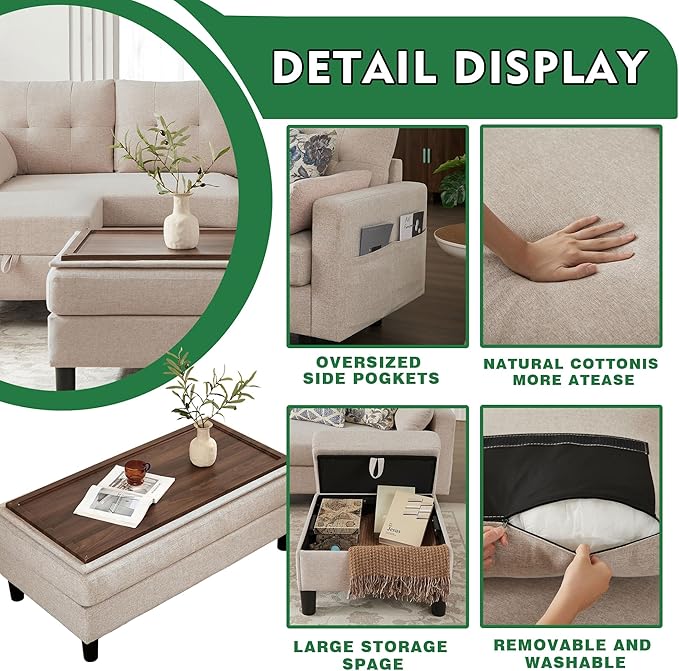 101 Modern Sectional Sleeper Sofa Bed U Shaped Couch with Storage Ottoman and Side Pockets 4 Seater Sofa for Living Room Apartment Beige