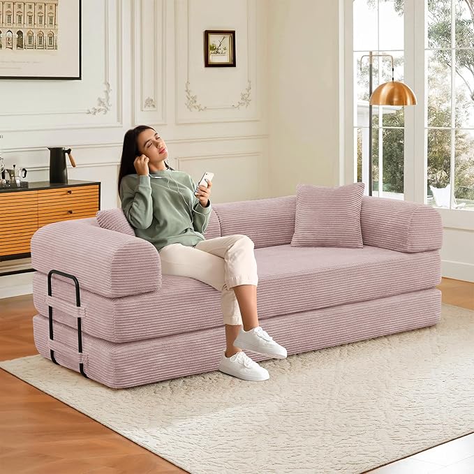78 Convertible Sleeper Sofa Bed with Cylindrical Pillow Corduroy Folding Mattress Couch with Fixed Frame Floor Sofa Lounge Couch for Living Room Bedroom Apartment Pink