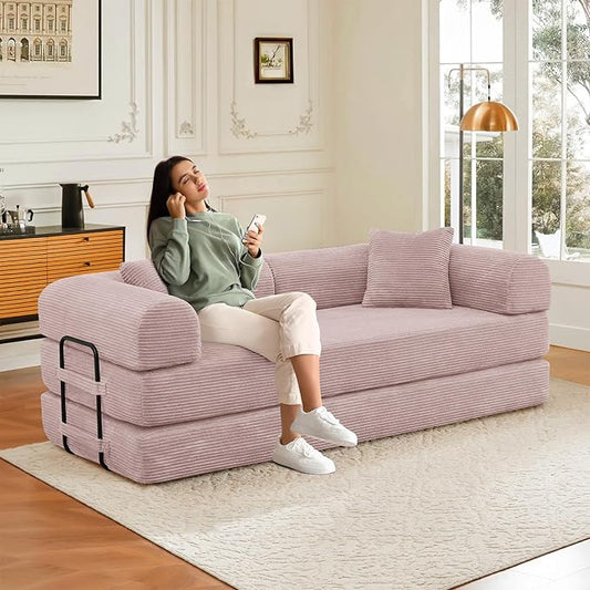 78 Convertible Sleeper Sofa Bed with Cylindrical Pillow Corduroy Folding Mattress Couch with Fixed Frame Floor Sofa Lounge Couch for Living Room Bedroom Apartment Pink
