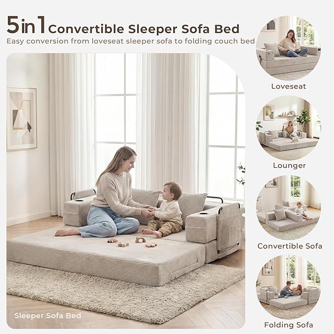 WELAX 72.8 Convertible Sleeper Sofa Bed Boneless Cloud Queen Futon Couches with Cupholders &amp Storage Pockets Corduroy Folding Floor Couch for Bedroom Apartment No Assembly Light Gray