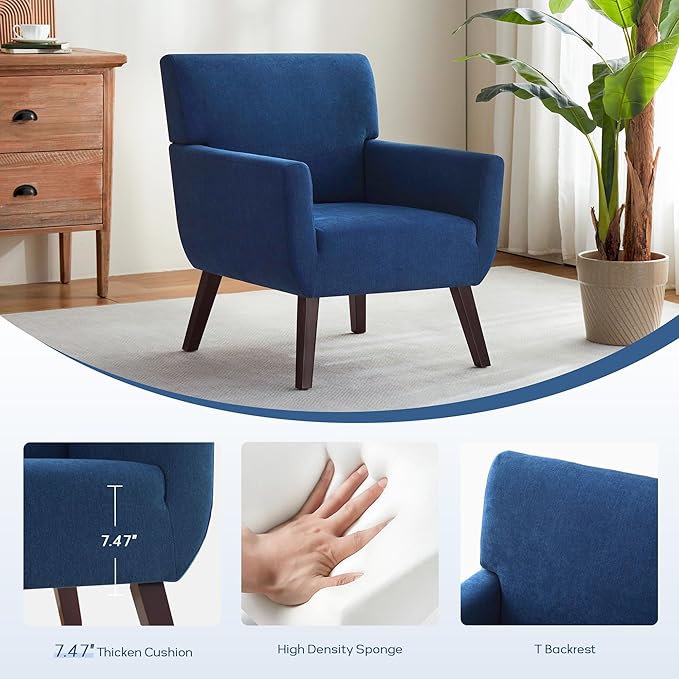Upholstered Accent ChairMid Century Modern Office Fabric Small Living Room Chair with ArmComfy Wingback Armchair for Bedroom Reading Dark Blue