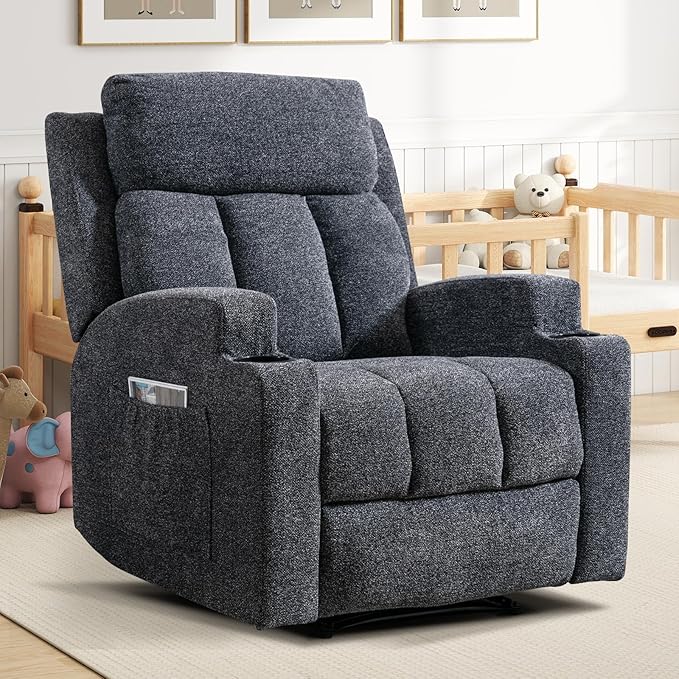 CANMOV Manual Massage Heat Recliner Chair Set of 3 Soft Fabric Recliner Chair with Overstuffed Arm and Back Manual Reclining Single Sofa with 2 Cup Holders Side Pocket for Living Room Dark Grey