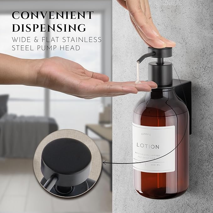 Shower Shampoo Dispenser Wall Mounted – 3 Refillable 16.9 oz Amber Bottles with Stainless Steel Pumps &amp No-Drill Adhesive Holders – Soap Dispenser Set for Bathroom (3 X Amber/Black)