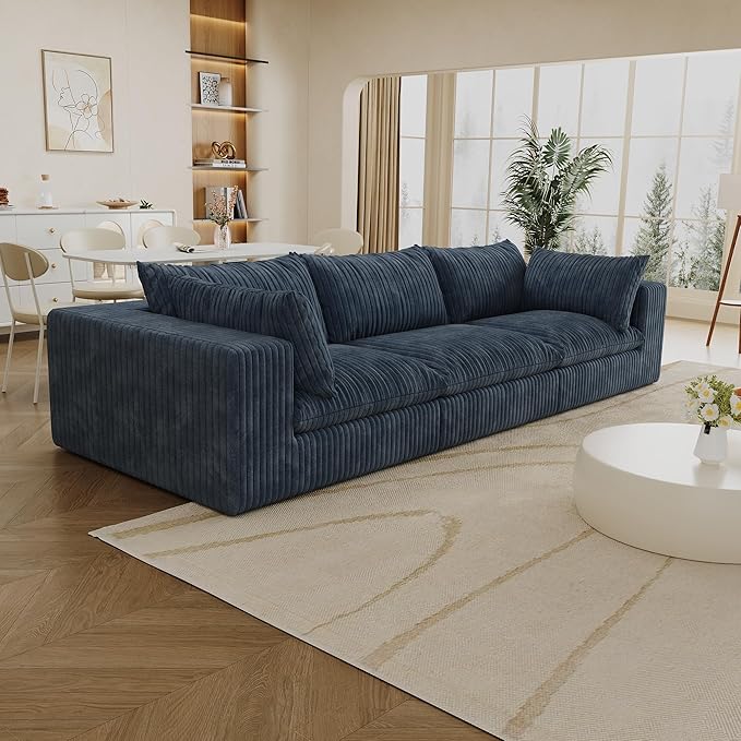 118.2 Oversized 3-Seater Modular Sectional Sofa Modern Comfy Plush Corduroy Upholstered Boneless Couch No Assembly Required Fluffy Deep Seat Cloud Couch for Living Room (Blue 3 Seater)