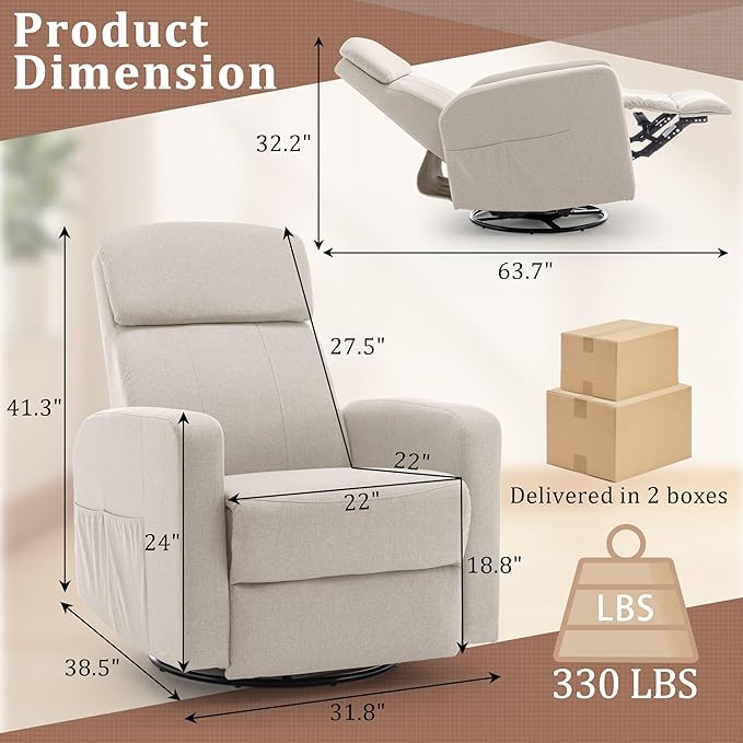 Power Swivel Recliner Chairs for Adults Electric Glider Rocking Chair Nursery Glider Recliner Nursery Chair with Classified Side Pocket Nursery Rocking Chairs with USB and Type-C Ports