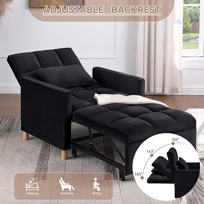 Convertible Sleeper Sofa Chair Bed3-in-1 Sleeper Chair Bed with PillowPull Out Single Armchair Sofa Bed with Adjustable Backrest Multi-Functiona Lounge Chair for Living Room (Black)
