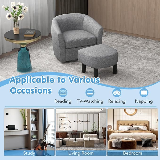 Swivel Chair with Ottoman Modern Barrel Accent Chairs with Removable Seat Cushion Comfy Single Sofa Lounge Armchair Upholstered Round Club Reading Chair for Living Room Bedroom Office