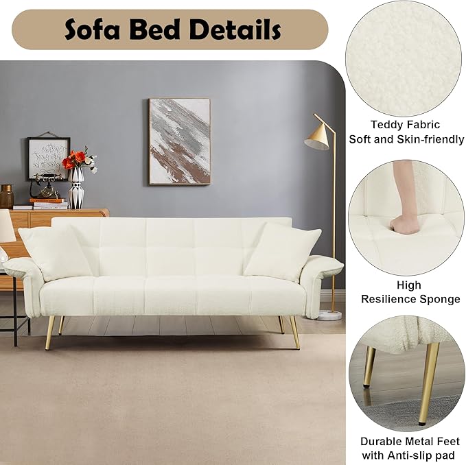 Convertible Sofa Bed Futon Couch Bed with Adjustable Arms and Backrest Modern Love Sofa with Gold Metal Legs for Living Room Bedroom (Teddy Fabric in Beige 70.1 Wx31.1 Dx31.5 H)
