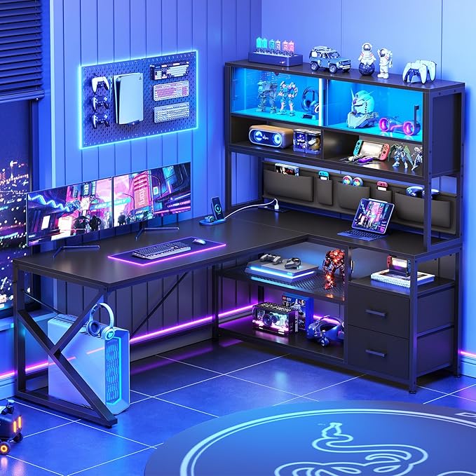 SEDETA L Shaped Gaming Desk Home Office Computer Desk with 2 Drawer and Bookshelf L Shaped Gaming Desk with LED Light Glass Cabinet and Storage Bag Corner Desk with Storage Shelves Black