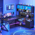 SEDETA L Shaped Gaming Desk Home Office Computer Desk with 2 Drawer and Bookshelf L Shaped Gaming Desk with LED Light Glass Cabinet and Storage Bag Corner Desk with Storage Shelves Black