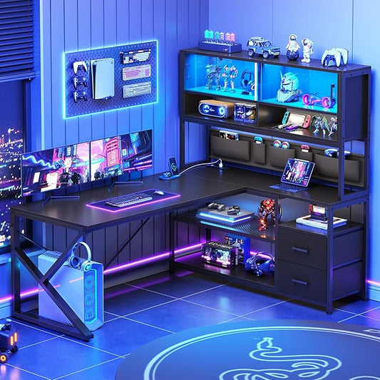 SEDETA L Shaped Gaming Desk Home Office Computer Desk with 2 Drawer and Bookshelf L Shaped Gaming Desk with LED Light Glass Cabinet and Storage Bag Corner Desk with Storage Shelves Black