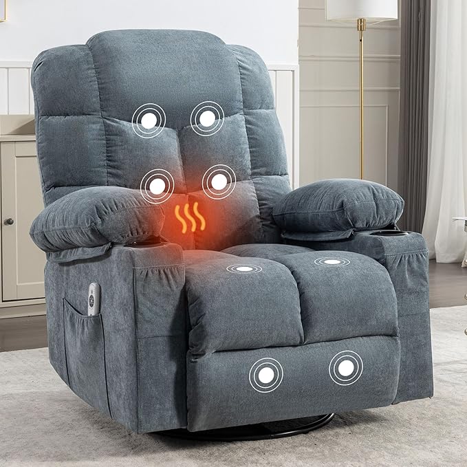 360 Swivel Massage Boy Recliner Chair with 2 Cup Holders Heated &amp Massage Function Adjustable Backrest USB Port &amp 2 Side Pockets for Adults (Blue)